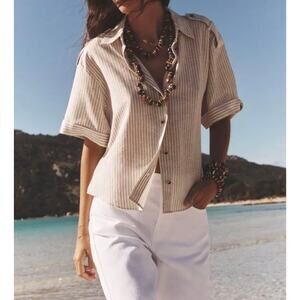 ZARA Linen Blend Metallic Yarn Striped Shirt Blouse Tan White NEW Size Medium